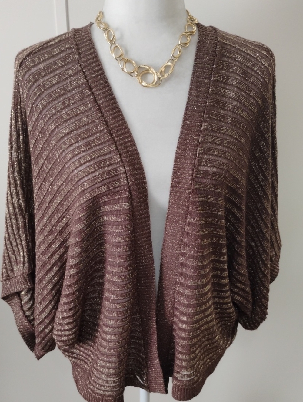 Cato Metallic Brown Open-Front Ribbed Cardigan